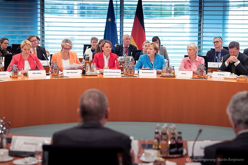 Das Bild zeigt Franziska Giffey, Anja Karliczek, Annette Wildmann-Mauz, Angela Merkel und Steffen Seibert