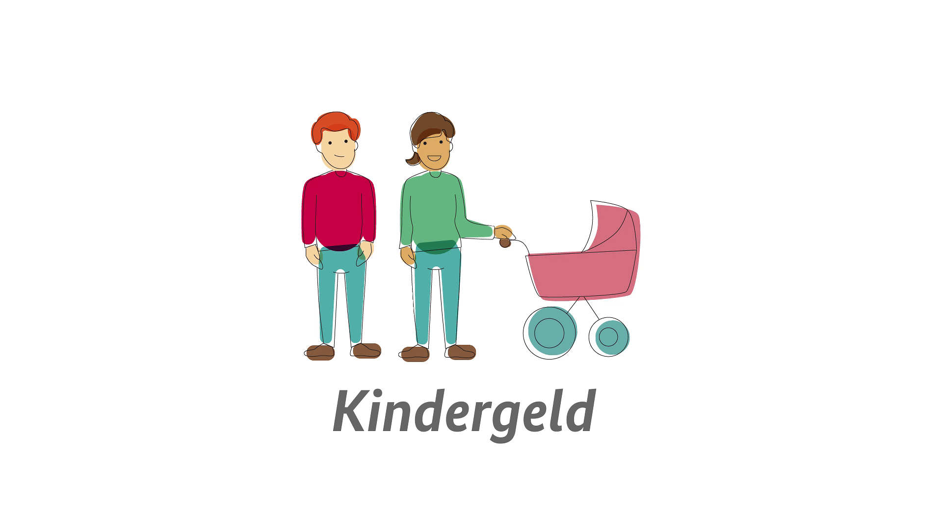 Illustration von zwei Eltern und einem Kinderwagen