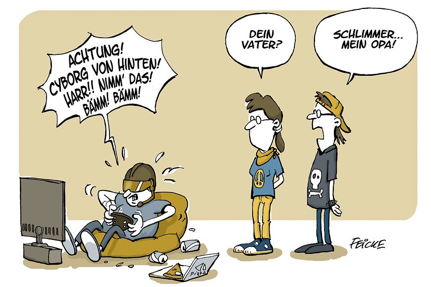 Karikatur eines älteren Mannes spielt ein digitales Spiel und wird bestaunt von 2 Jugendlichen