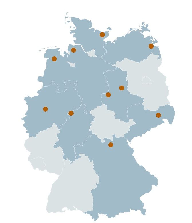 Eine Landkarte, in die die ausgewählten Regionen eingezeichnet sind