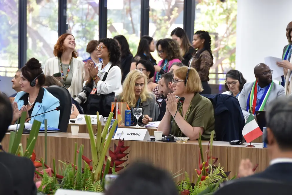 Lisa Paus im Plenarsaal des G20-Treffens in Brasilia